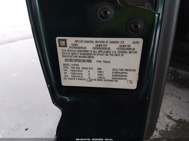 Продаж на аукціоні авто 2003 Gmc Sierra 1500 Sle, vin: 2GTEC19T931341485, номер лоту: 45141725