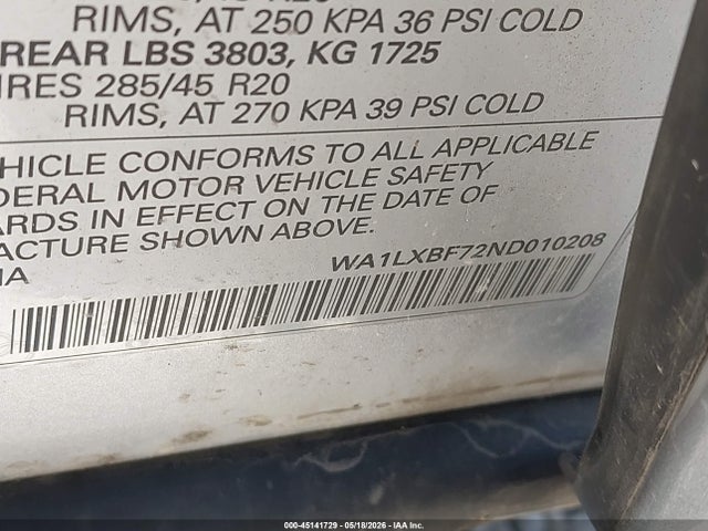 Aukcja sprzedaży 2022 Audi Q7 Premium Plus 55 Tfsi Quattro Tiptronic, vin: WA1LXBF72ND010208, numer aukcji: 45141729