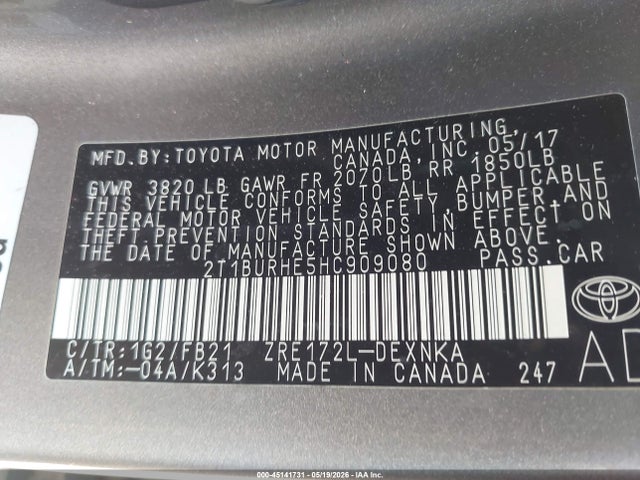45141731 :رقم المزاد ، 2T1BURHE5HC909080 vin ، 2017 Toyota Corolla Le مزاد بيع