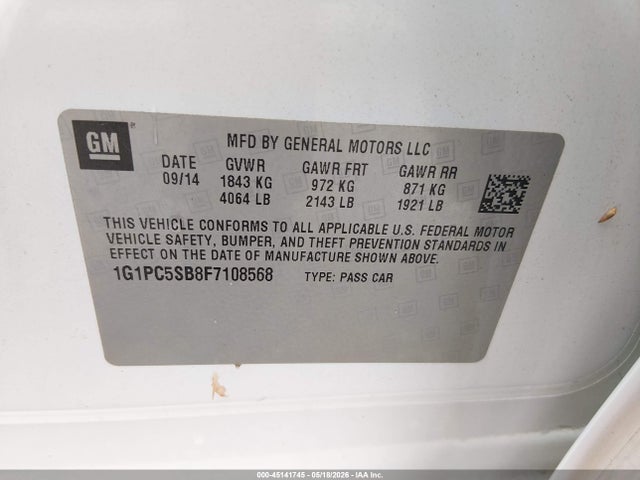 45141745 :رقم المزاد ، 1G1PC5SB8F7108568 vin ، 2015 Chevrolet Cruze 1lt Auto مزاد بيع