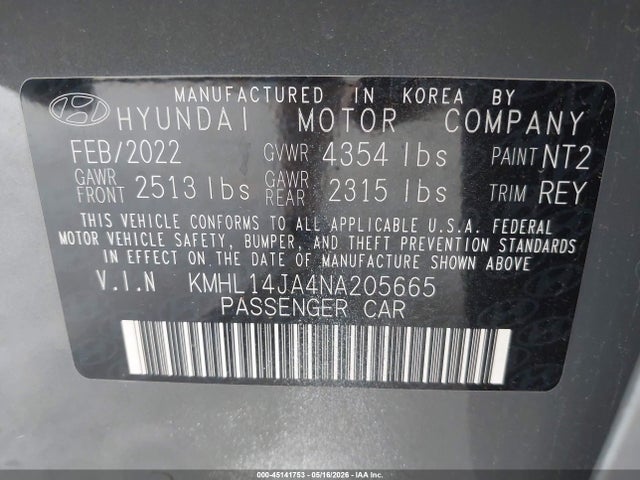 Aukcja sprzedaży 2022 Hyundai Sonata Sel, vin: KMHL14JA4NA205665, numer aukcji: 45141753