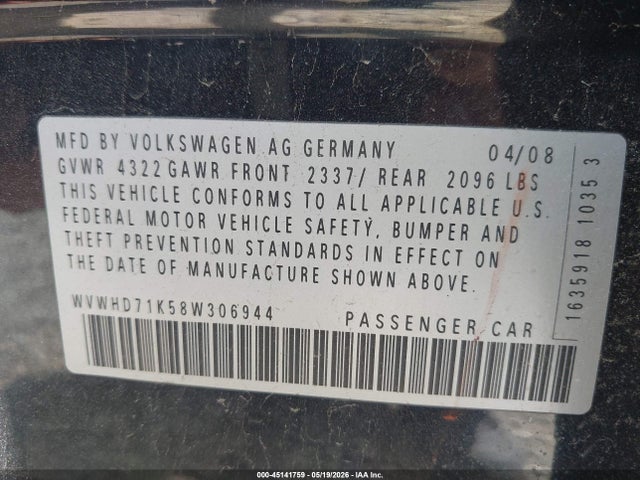 2008 Volkswagen Gti 4-door მანქანა იყიდება აუქციონზე, vin: WVWHD71K58W306944, აუქციონის ნომერი: 45141759