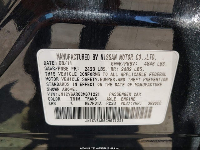Aukcja sprzedaży 2012 Infiniti G37x, vin: JN1CV6AR6CM671221, numer aukcji: 45141760