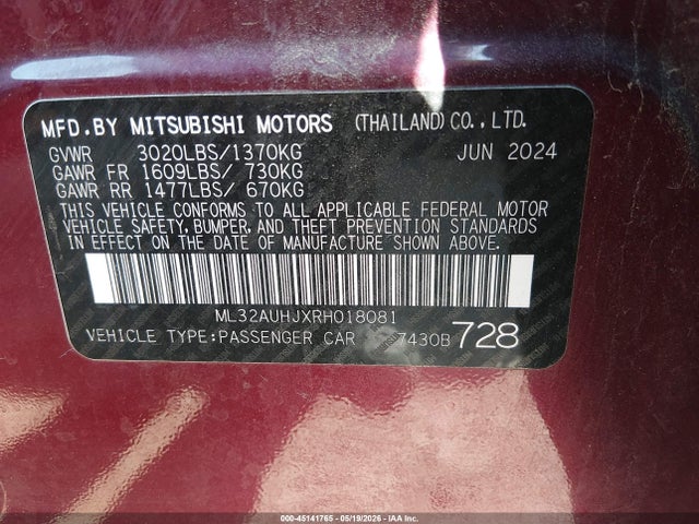 Продаж на аукціоні авто 2024 Mitsubishi Mirage Es/le, vin: ML32AUHJXRH018081, номер лоту: 45141765