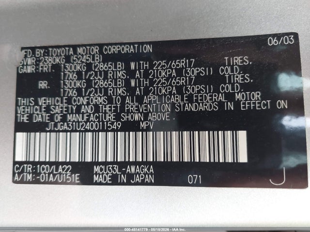 Aukcja sprzedaży 2004 Lexus Rx 330, vin: JTJGA31U240011549, numer aukcji: 45141779