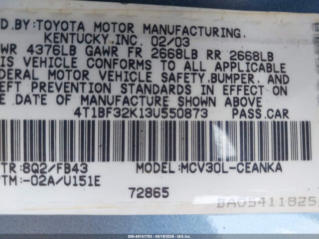 45141793 :رقم المزاد ، 4T1BF32K13U550873 vin ، 2003 Toyota Camry Le V6 مزاد بيع
