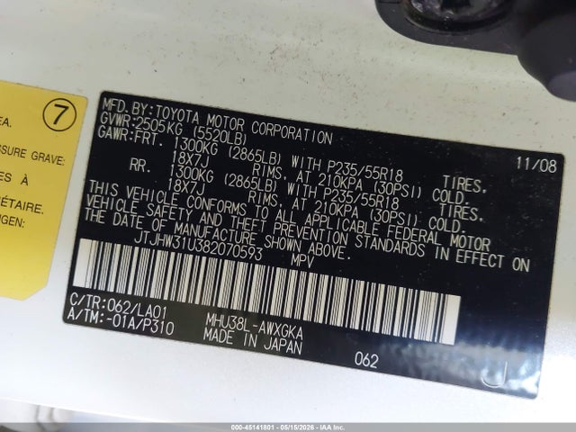 45141801 :رقم المزاد ، JTJHW31U382070593 vin ، 2008 Lexus Rx 400h مزاد بيع