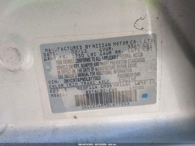 Aukcja sprzedaży 2013 Nissan Versa 1.6 Sv, vin: 3N1CN7AP9DL877553, numer aukcji: 45141802
