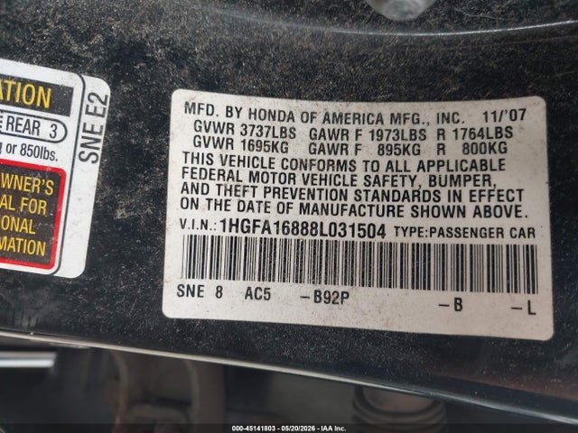 Aukcja sprzedaży 2008 Honda Civic Ex, vin: 1HGFA16888L031504, numer aukcji: 45141803