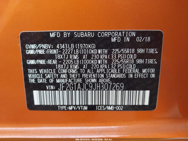 Aukcja sprzedaży 2018 Subaru Crosstrek 2.0i Limited, vin: JF2GTAJC9JH307269, numer aukcji: 45141810