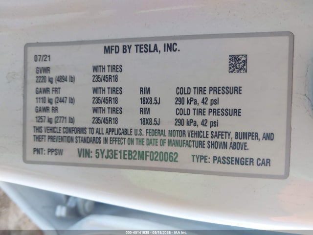 Aukcja sprzedaży 2021 Tesla Model 3 Long Range Dual Motor All-wheel Drive, vin: 5YJ3E1EB2MF020062, numer aukcji: 45141838
