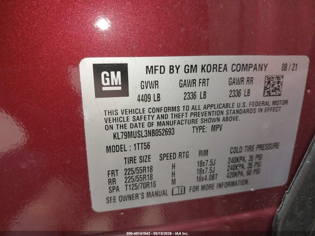Aukcja sprzedaży 2022 Chevrolet Trailblazer Awd Rs, vin: KL79MUSL3NB052693, numer aukcji: 45141842