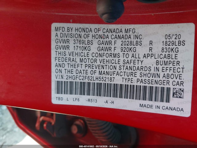 Honda Civic Lx 2020 2HGFC2F62LH552187 Image 9