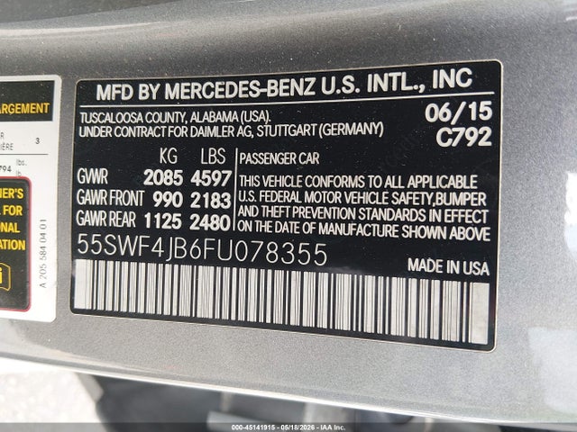 Продаж на аукціоні авто 2015 Mercedes-benz C 300 Luxury, vin: 55SWF4JB6FU078355, номер лоту: 45141915