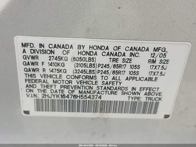 45141920 :رقم المزاد ، 2HJYK16476H554374 vin ، 2006 Honda Ridgeline Rts مزاد بيع
