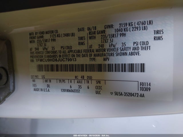 Aukcja sprzedaży 2018 Ford Escape Sel, vin: 1FMCU9HD8JUC79913, numer aukcji: 45141924