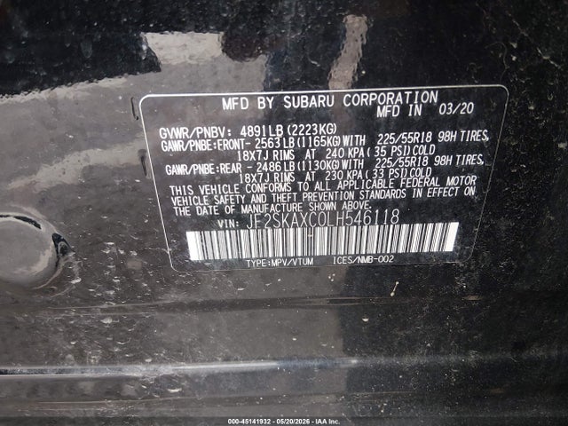 Продажа на аукционе авто 2020 Subaru Forester Touring, vin: JF2SKAXC0LH546118, номер лота: 45141932