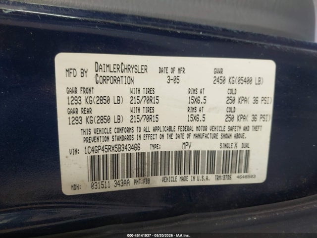 Aukcja sprzedaży 2005 Chrysler Town & Country, vin: 1C4GP45RX5B343466, numer aukcji: 45141937