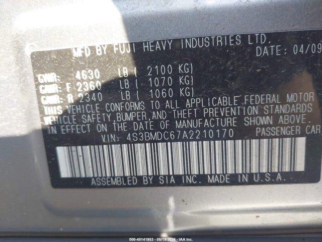 Auction sale of the 2010 Subaru Legacy 3.6r Premium, vin: 4S3BMDC67A2210170, lot number: 45141953