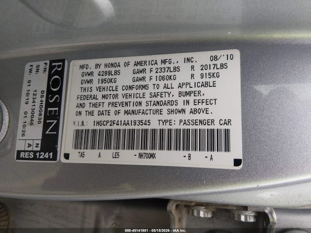 45141981 :رقم المزاد ، 1HGCP2F41AA193545 vin ، 2010 Honda Accord 2.4 Lx-p مزاد بيع