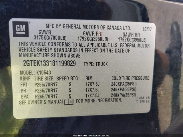 Aukcja sprzedaży 2008 Gmc Sierra 1500 Slt, vin: 2GTEK133181199829, numer aukcji: 45141987