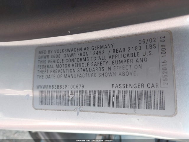 Aukcja sprzedaży 2003 Volkswagen Passat Glx, vin: WVWRH63B83P100679, numer aukcji: 45141990