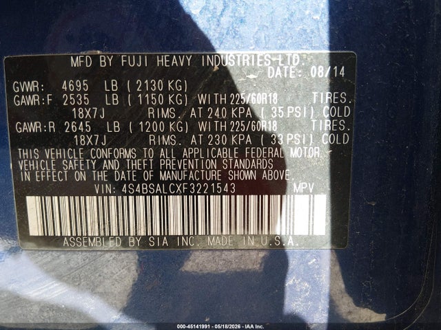 4S4BSALCXF3221543 Subaru Outback 2.5i Limited