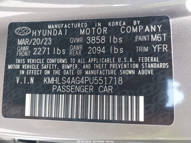 45142016 :رقم المزاد ، KMHLS4AG4PU551718 vin ، 2023 Hyundai Elantra Sel مزاد بيع