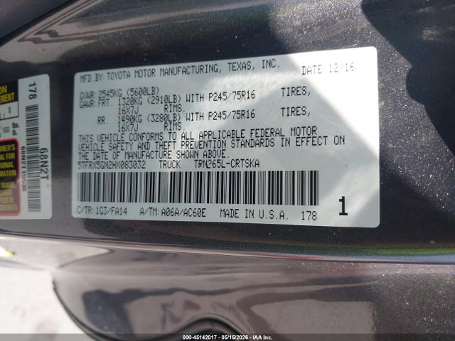 Продажа на аукционе авто 2017 Toyota Tacoma Sr, vin: 5TFRX5GN2HX083032, номер лота: 45142017