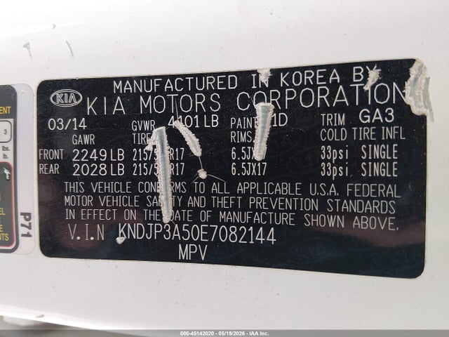 45142020 :رقم المزاد ، KNDJP3A50E7082144 vin ، 2014 Kia Soul + مزاد بيع