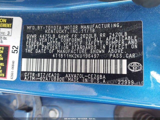 Aukcja sprzedaży 2019 Toyota Camry Se, vin: 4T1B11HK2KU196497, numer aukcji: 45142024