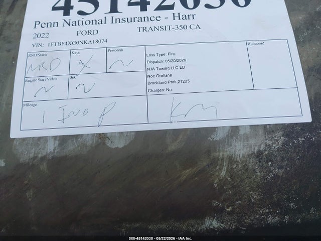 Продаж на аукціоні авто 2022 Ford Transit-350 Cargo Van, vin: 1FTBF4XG0NKA18074, номер лоту: 45142030