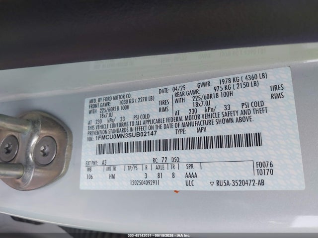 45142031 :رقم المزاد ، 1FMCU0MN3SUB02147 vin ، 2025 Ford Escape St-line مزاد بيع