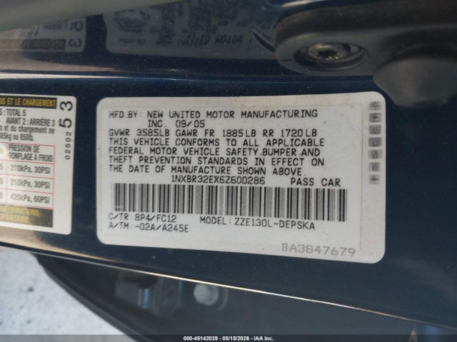 2006 Toyota Corolla S მანქანა იყიდება აუქციონზე, vin: 1NXBR32EX6Z600286, აუქციონის ნომერი: 45142039