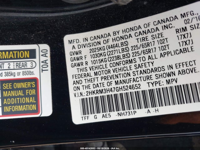 Продажа на аукционе авто 2016 Honda Cr-v Se, vin: 2HKRM3H47GH524652, номер лота: 45142053