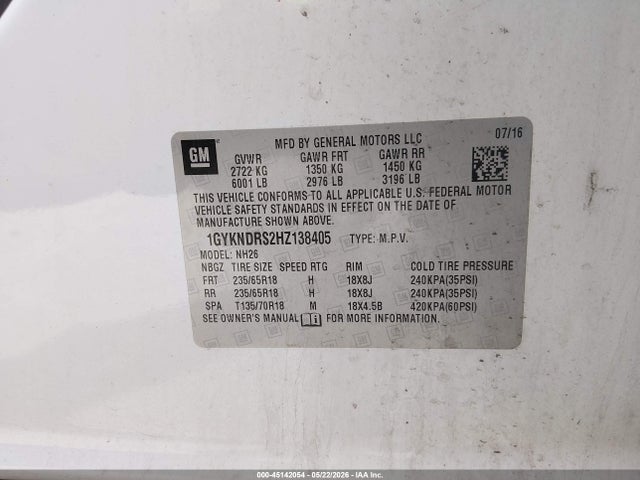 45142054 :رقم المزاد ، 1GYKNDRS2HZ138405 vin ، 2017 Cadillac Xt5 Luxury مزاد بيع