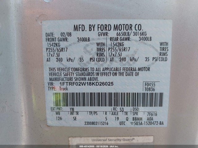 Продажа на аукционе авто 2008 Ford F-150 Stx, vin: 1FTRF02W18KD26025, номер лота: 45142055