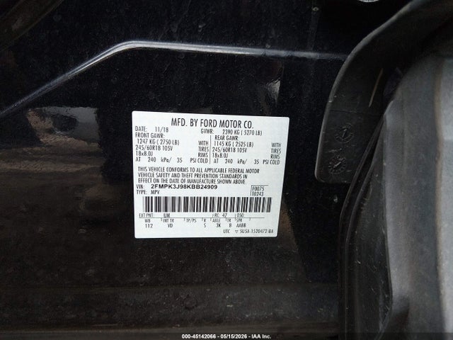 45142066 :رقم المزاد ، 2FMPK3J98KBB24909 vin ، 2019 Ford Edge Sel مزاد بيع
