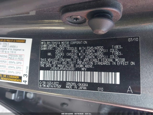 2010 Toyota 4runner Limited V6 მანქანა იყიდება აუქციონზე, vin: JTEBU5JR5A5030361, აუქციონის ნომერი: 45142086