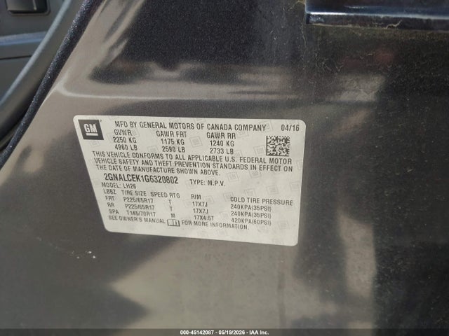 Продаж на аукціоні авто 2016 Chevrolet Equinox Lt, vin: 2GNALCEK1G6320802, номер лоту: 45142087