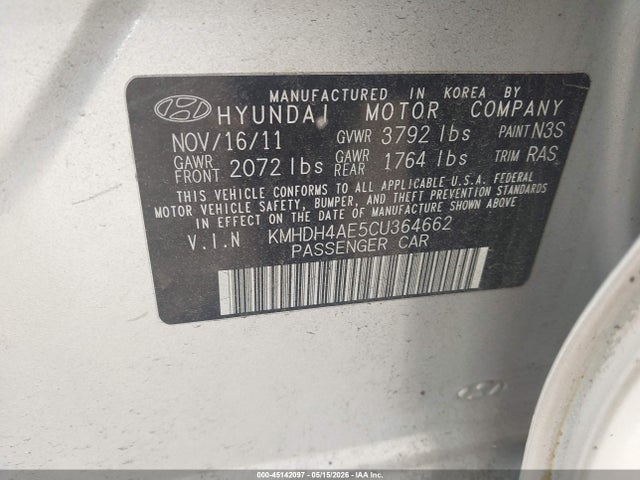 Aukcja sprzedaży 2012 Hyundai Elantra Gls (ulsan Plant), vin: KMHDH4AE5CU364662, numer aukcji: 45142097