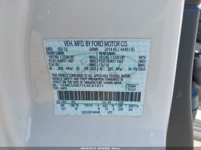 Aukcja sprzedaży 2012 Ford Escape Limited, vin: 1FMCU0E71CKC61911, numer aukcji: 45142112