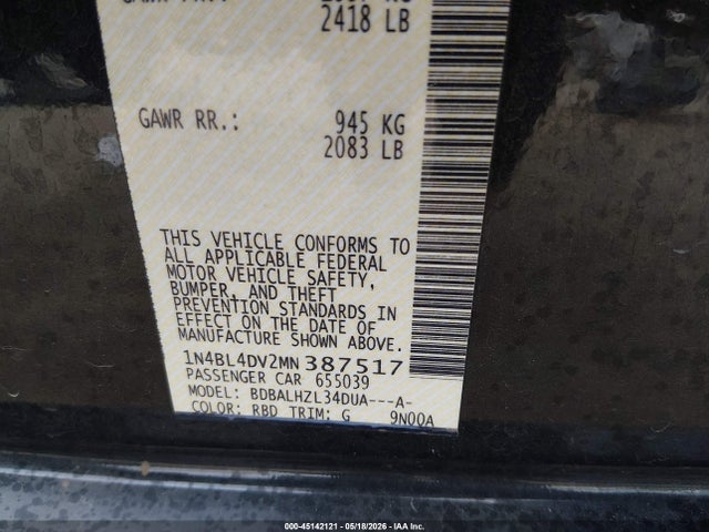 1N4BL4DV2MN387517 Nissan Altima Sv Fwd