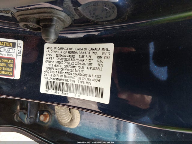 45142127 :رقم المزاد ، 2HKRM4H59FH625608 vin ، 2015 Honda Cr-v Ex مزاد بيع