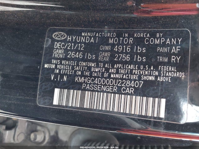 45142128 :رقم المزاد ، KMHGC4DD0DU228407 vin ، 2013 Hyundai Genesis 3.8 مزاد بيع