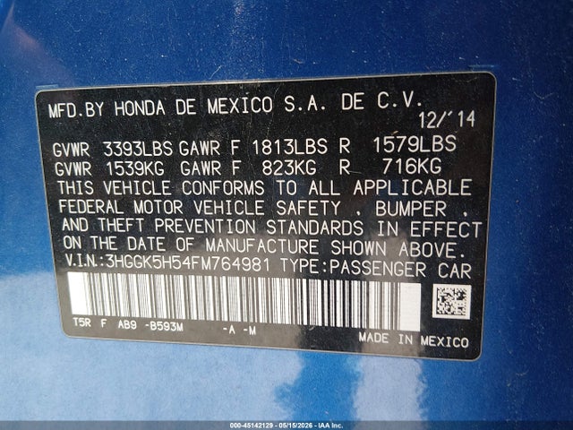 45142129 :رقم المزاد ، 3HGGK5H54FM764981 vin ، 2015 Honda Fit Lx مزاد بيع