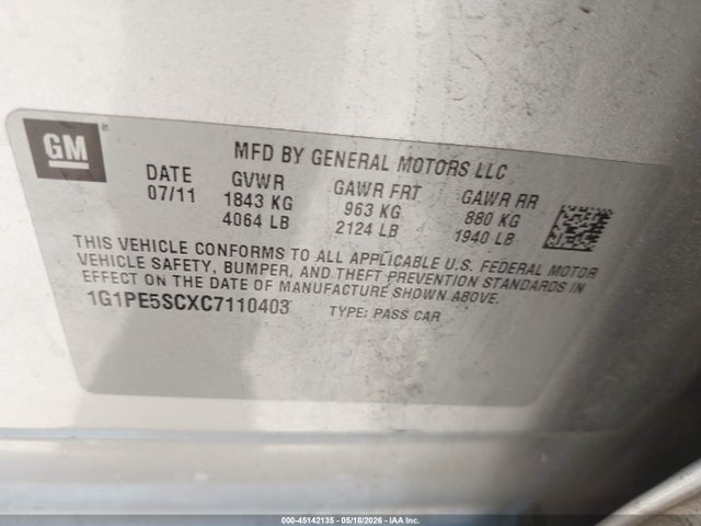 Продажа на аукционе авто 2012 Chevrolet Cruze Lt, vin: 1G1PE5SCXC7110403, номер лота: 45142135
