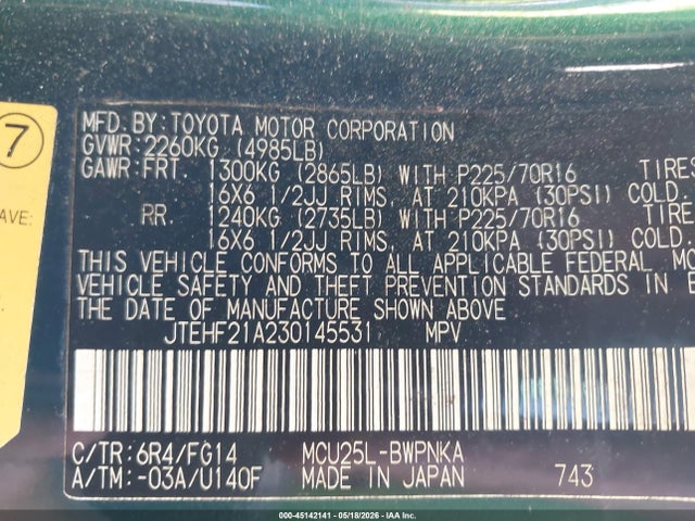 45142141 :رقم المزاد ، JTEHF21A230145531 vin ، 2003 Toyota Highlander V6 مزاد بيع