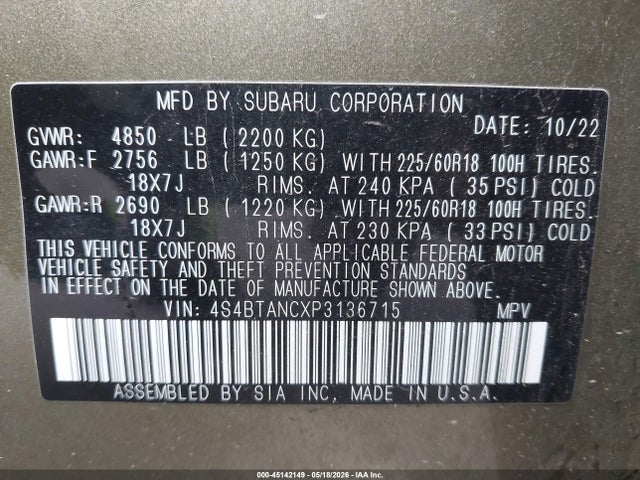 Продажа на аукционе авто 2023 Subaru Outback Limited, vin: 4S4BTANCXP3136715, номер лота: 45142149