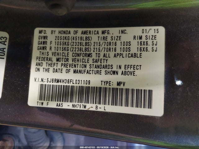 Aukcja sprzedaży 2015 Honda Cr-v Lx, vin: 5J6RM4H36FL031109, numer aukcji: 45142153